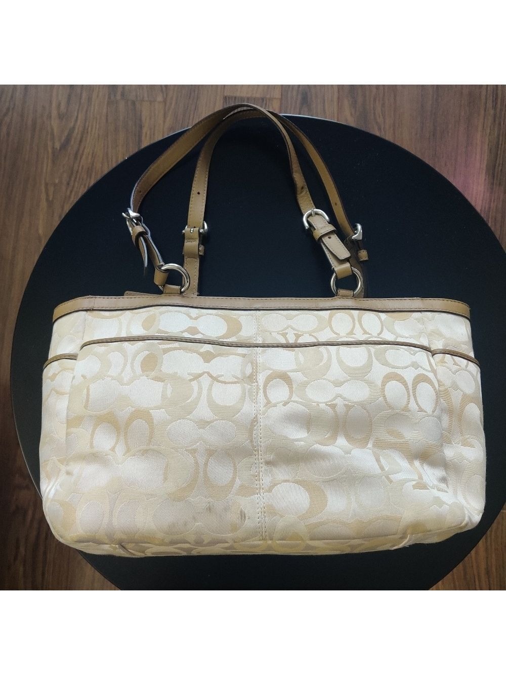Coach Signature Jacquard Canvas Tote Cream Tan Leather Trim 0495 - Picture 3 of 12